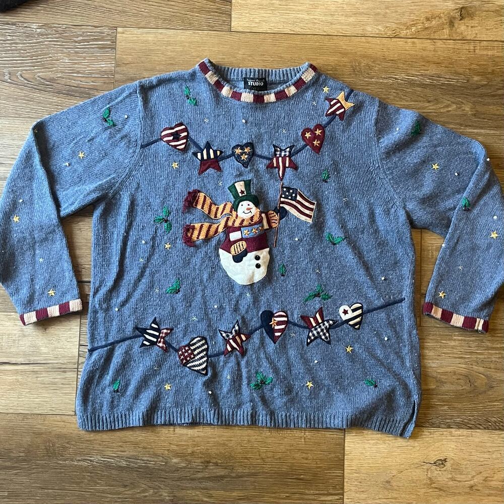 VTG Designer Originals Studio Joy Holiday Snowman Sweater XL Rustic Country Xmas